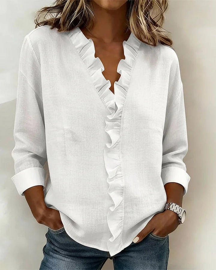 Indie Ruffle Blouse with V-Neck & Long Sleeves - Back View