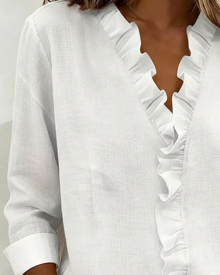 Indie Ruffle Blouse with V-Neck & Long Sleeves - Additional View 5