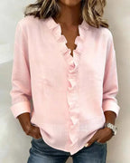 Indie Ruffle Blouse with V-Neck & Long Sleeves - Front View