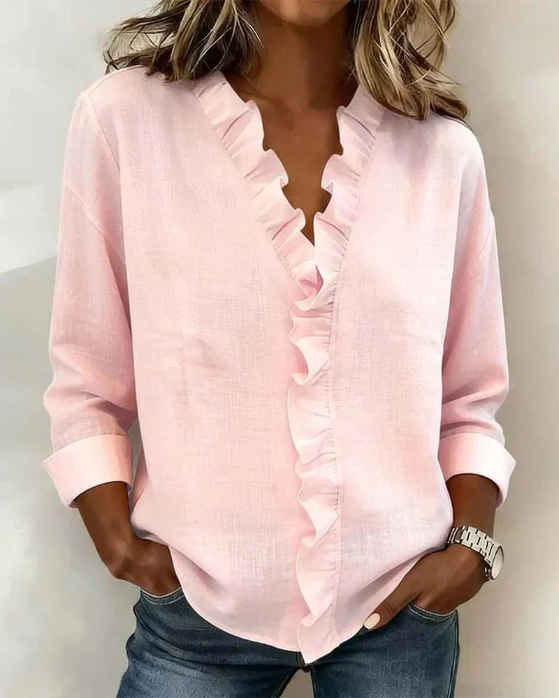Indie Ruffle Blouse with V-Neck & Long Sleeves - Front View