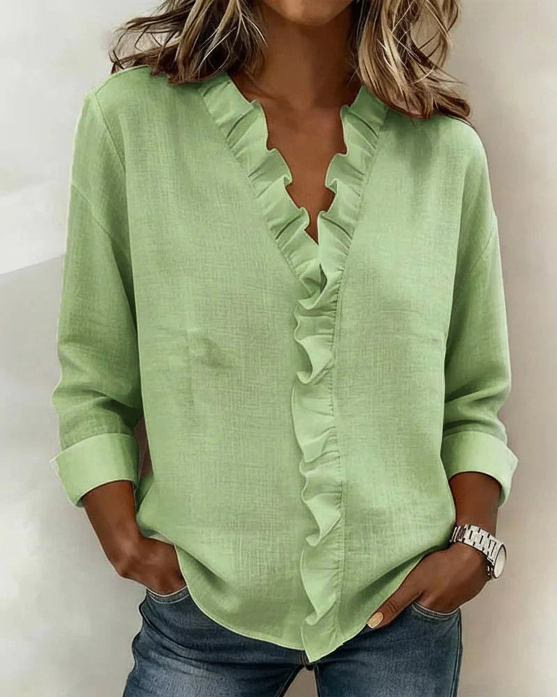 Indie Ruffle Blouse with V-Neck & Long Sleeves - Side View