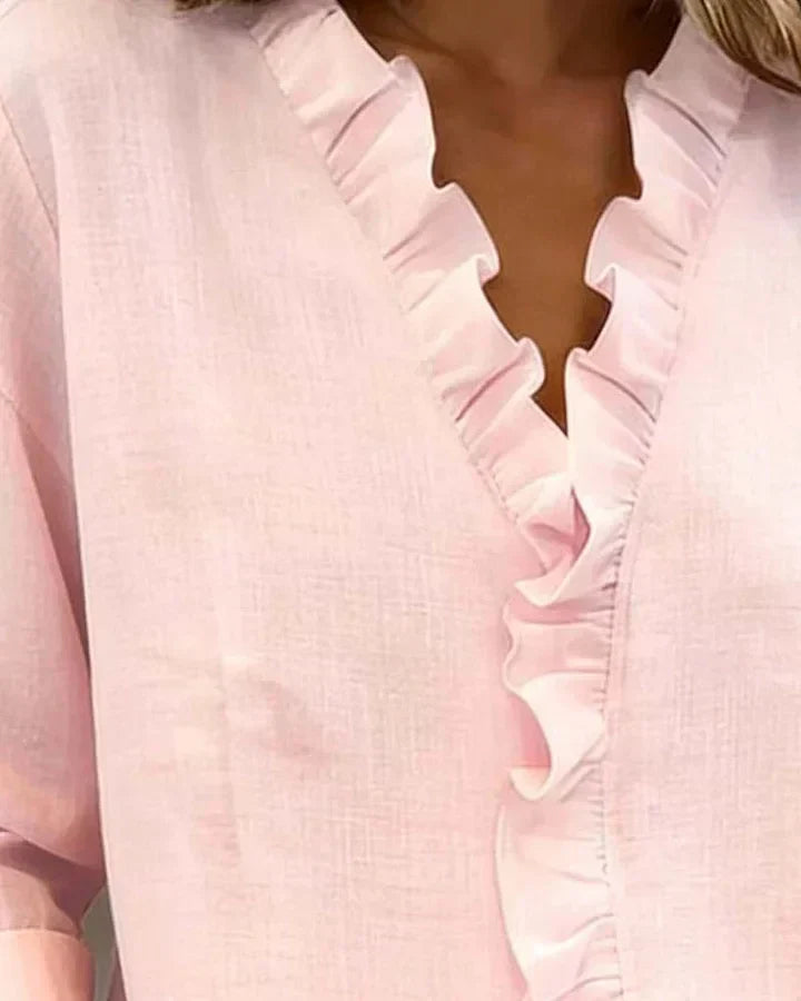 Indie Ruffle Blouse with V-Neck & Long Sleeves - Additional View 8