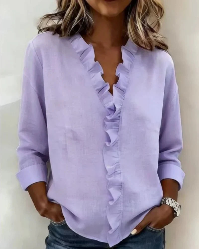 Indie Ruffle Blouse with V-Neck & Long Sleeves - Additional View 1