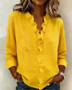 Indie Ruffle Blouse with V-Neck & Long Sleeves - Additional View 2