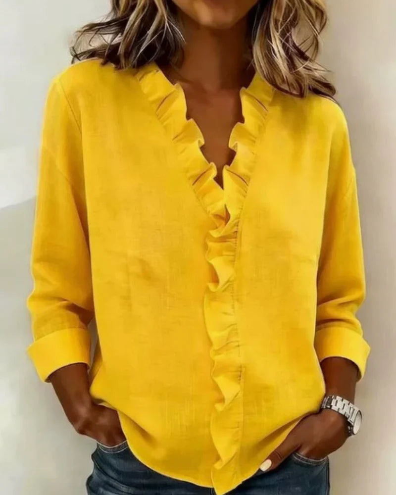 Indie Ruffle Blouse with V-Neck & Long Sleeves - Additional View 2