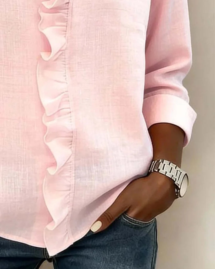 Indie Ruffle Blouse with V-Neck & Long Sleeves - Additional View 7