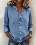 Indie Ruffle Blouse with V-Neck & Long Sleeves - Detail View