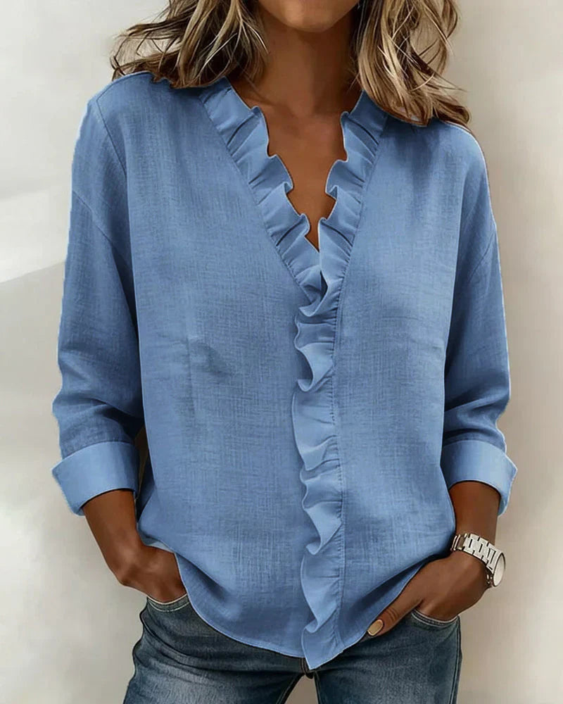 Indie Ruffle Blouse with V-Neck & Long Sleeves - Detail View